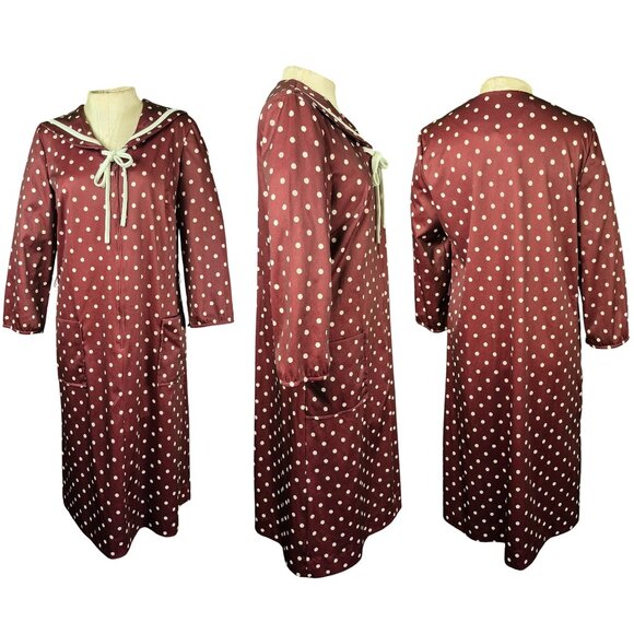 Vintage 1970's Sears brown/maroon and white polka dot house dress size 14 - Picture 1 of 5